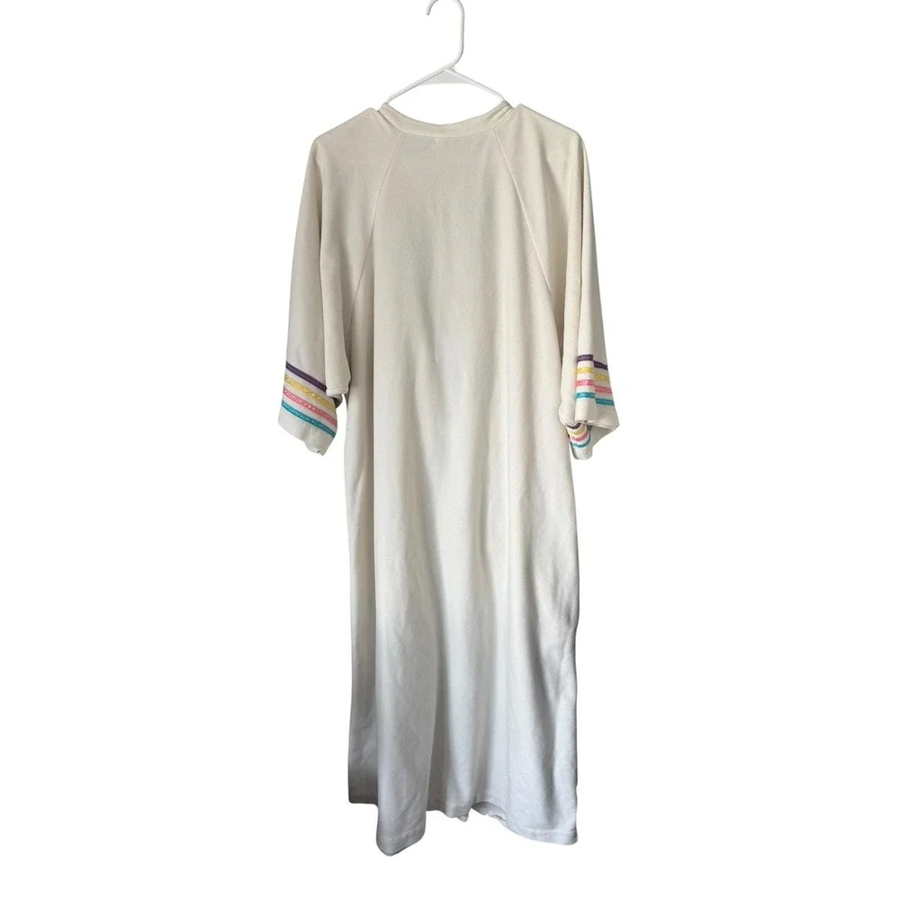 Vintage Rainbow Fashions Cream Velour Zip Caftan Robe Rainbow Trim‎ OS